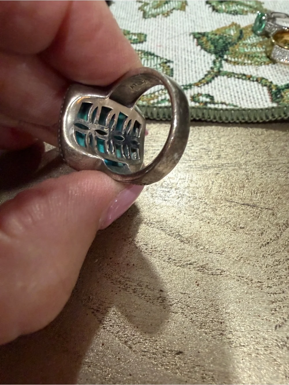 Turquoise Stone Silver-Trim Ring - Blue Green Gem